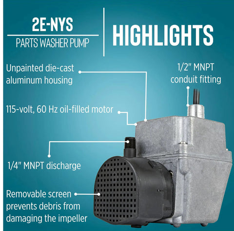 Submersible Parts Washer Pump 115 Volt 1/40 HP 300 GPH Cast Aluminum Oil-Filled No-Nonsense Heavy-Duty For Unheated Stoddard Solvent Or Deodorized Kerosene With 6-Foot Cord Plug-Less Gray 502020, showing die-cast housing and MNPT fitting.