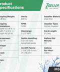 Specifications table for M63 Automatic Submersible Sump Pump With 3/10 HP Cast Iron Housing, including weight, voltage, and materials.