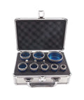 Diamond core drill bit set in metal case; 11 blue diamond-segment hole saw bits (6–65mm) for tile and stone.