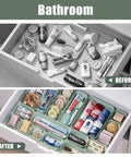 Green Plastic Drawer Organizer Set, 10 Piece Storage Bins For Makeup Vanity Bathroom Office Kitchen Utensils And Gadgets, Easy To Organize Your Stuff And Find What You Need showing before and after drawer organization image with neatly arranged toiletries and gadgets in green storage bins.