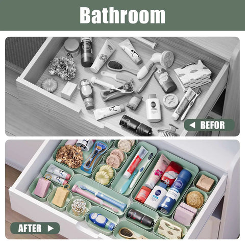 Green Plastic Drawer Organizer Set, 10 Piece Storage Bins For Makeup Vanity Bathroom Office Kitchen Utensils And Gadgets, Easy To Organize Your Stuff And Find What You Need showing before and after drawer organization image with neatly arranged toiletries and gadgets in green storage bins.