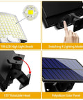 Details of Outdoor Solar Flood Lights With Motion Sensor, 106 LED 3000LM with rotatable head, lighting modes, and solar panel.