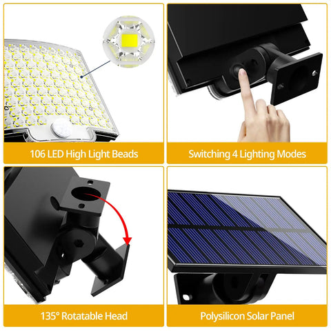 Outdoor Solar Motion Sensor Flood Lights With Remote Control showing LED beads, lighting modes, rotatable head, and solar panel.