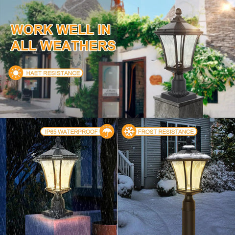 Durable Solar Post Lights Dusk To Dawn With Pier Mount Base Waterproof Exterior Pole Lamps Patterned Glass