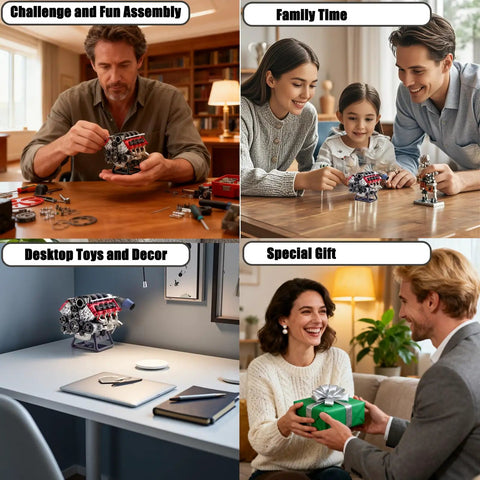 Collage showing Dope Mini V8 Engine Kit That Actually Runs For Adults used for building, family time, decor, and gifting.