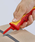 1,000V Insulated Cable Knife With Solid Fixed Blade, Plastic Coated Back To Prevent Short Circuits, Slip Guard Handle, Transparent Cap, Red Color For Pro Grade Electrician Must Have in use cutting material