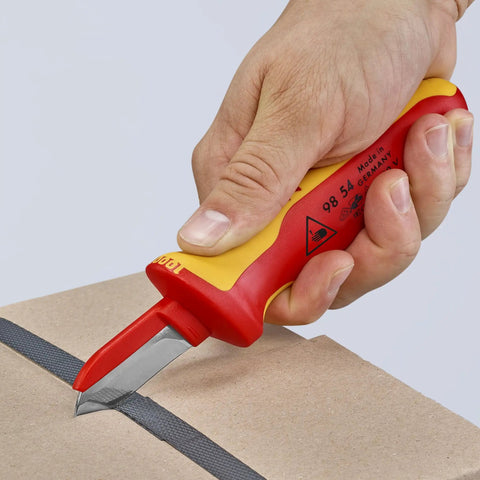 1,000V Insulated Cable Knife With Solid Fixed Blade, Plastic Coated Back To Prevent Short Circuits, Slip Guard Handle, Transparent Cap, Red Color For Pro Grade Electrician Must Have in use cutting material
