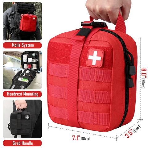 Two LIVANS 1000D first aid bags (red and black) with MOLLE straps and grab handle; compact emergency medical pouch