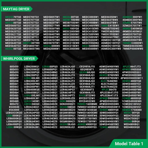 Model compatibility chart for Upgraded 279838 Dryer Heating Element Drop In Replacement with Easy Install showing Whirlpool and Maytag models.