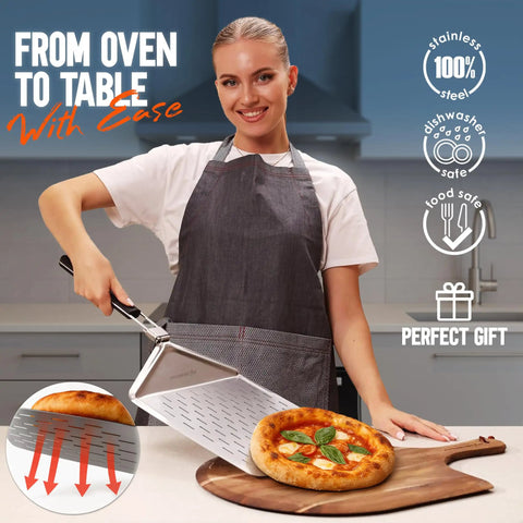 Woman using Perforated Pizza Peel 12 Inch With 10 Inch Folding Handle Stainless Steel Spatula Paddle for pizza transfer.