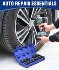 Shop Grade One Half Inch Metric Impact Socket Set With Shallow Six Points And Hardened Steel Build For Easy Rig Repairs And Weekend Project Grinds Inside Sturdy Tote Case, displayed with a power tool on a car tire.
