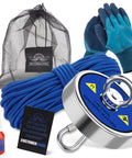 Mytracpro fishing magnet kit with blue 65 ft nylon rope, single-sided 800 lb pull, gloves, and mesh storage bag