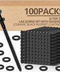 100 Pack 5/16 X 5 Inch Hex Head Lag Bolts For Wood And Ceramic With Black Coated Finish And 100 Washers displayed in packaging