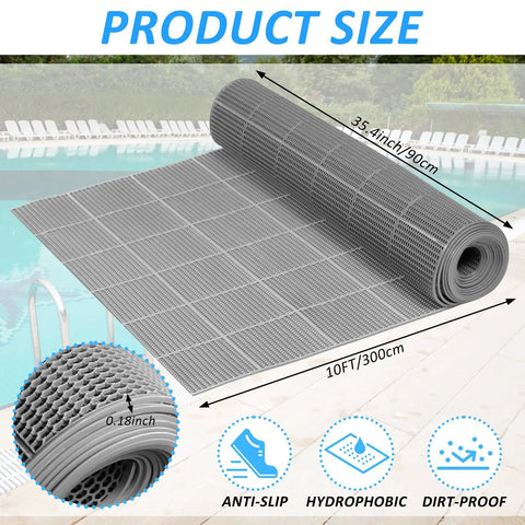 Rolled 3 By 10 Ft Drainage Pool Floor Mats Non Slip PVC Splash Matting With Mesh Hollow Design by a poolside area.