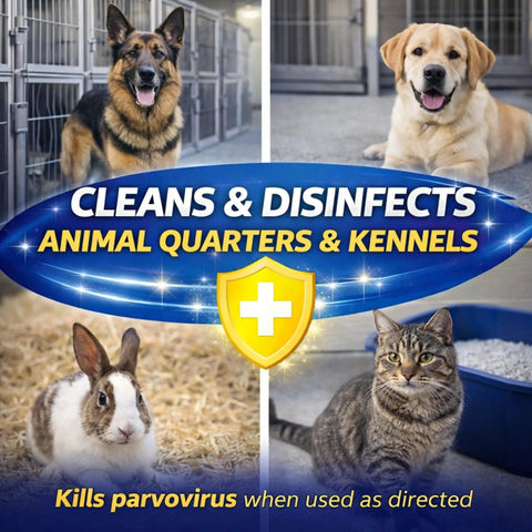 Cleans and disinfects animal quarters and kennels; images of a dog, rabbit, and cat in clean environments; kills parvovirus.