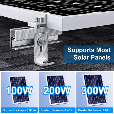 Close-up of Heavy Duty Roof Solar Panel Mounting Bracket Kit For 1 To 4 Panels, showing metal bracket and 6-inch rail on shingle roof.