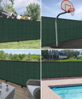 Privacy Fence Screen 6x50 Feet Heavy Duty Mesh for outdoor walls and backyards shown installed in various settings.