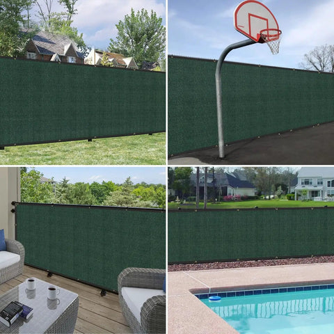 Privacy Fence Screen 6x50 Feet Heavy Duty Mesh for outdoor walls and backyards shown installed in various settings.
