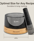 Heavy Duty Granite Mortar And Pestle Set 2 Cup Stone Grinder With Non Slip Wooden Base Displayed on Light Background