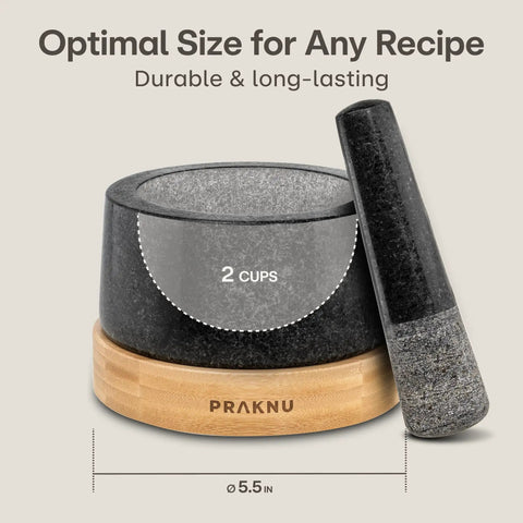 Heavy Duty Granite Mortar And Pestle Set 2 Cup Stone Grinder With Non Slip Wooden Base Displayed on Light Background