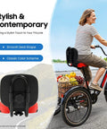 Wide Bike Seat With Backrest For Ride Ready Comfort On Trikes And Bicycles, Extra Wide Universal Fit With Adjustable Height, Durable Poly Foam And Steel Construction, Waterproof And Rugged, Ideal Seat Upgrade For Exercise Bikes And Everyday Rides. black wide tricycle seat with backrest on a bicycle