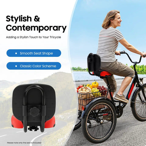 Wide Bike Seat With Backrest For Ride Ready Comfort On Trikes And Bicycles, Extra Wide Universal Fit With Adjustable Height, Durable Poly Foam And Steel Construction, Waterproof And Rugged, Ideal Seat Upgrade For Exercise Bikes And Everyday Rides. black wide tricycle seat with backrest on a bicycle