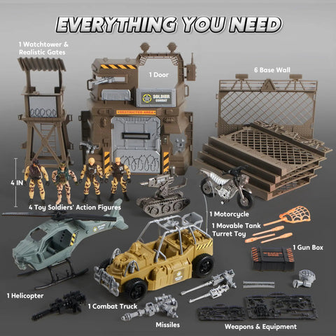 Ultimate Military Base Toys Set With Army Vehicles, Action Figures And Weapon Gear on display with vehicles and soldiers