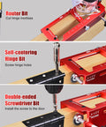 Pro Grade Aluminum Alloy Door Hinge Jig For Routers, Adjustable Hinge Template displayed with hardware and wooden panel
