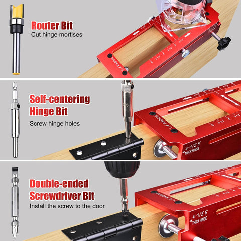 Pro Grade Aluminum Alloy Door Hinge Jig For Routers, Adjustable Hinge Template displayed with hardware and wooden panel