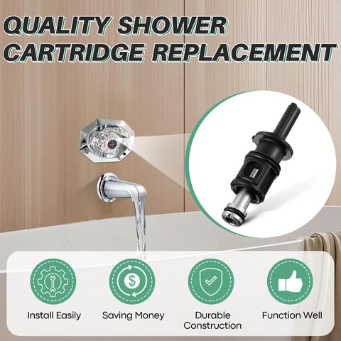 Front view of chrome tub/shower faucet with Dreyoo pull-and-turn cartridge (1 pack); metal stem, inset cartridge close-up.