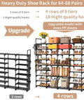 Comparison of 3-row and 4-row Beefy 9 Tier Shoe Rack Organizer For Entryway, Closet Or Garage, Tall Storage Shelf Holds Up To 68 Pairs, Black