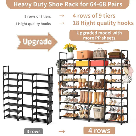 Comparison of 3-row and 4-row Beefy 9 Tier Shoe Rack Organizer For Entryway, Closet Or Garage, Tall Storage Shelf Holds Up To 68 Pairs, Black