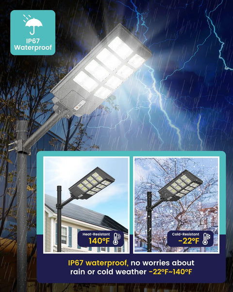 Super Bright 8000W LED Solar Street Light for Outdoor Security 800000LM Flood Light with Motion Sensor under stormy weather