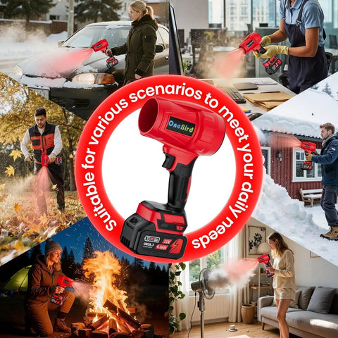 Collage showing Kickin Power Cordless Leaf Blower With 560 CFM Ultra Lightweight Handheld Blower in various cleaning scenarios.