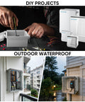 Outdoor TICONN IP67 junction box with hinged clear cover, ABS plastic, mounting plate; wall-mounted.