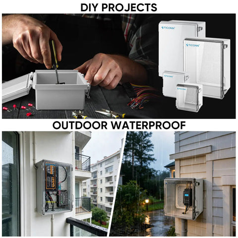 Outdoor Waterproof Electrical Junction Box IP67 ABS Plastic Enclosure With Hinged Cover, used outdoors and during DIY projects.