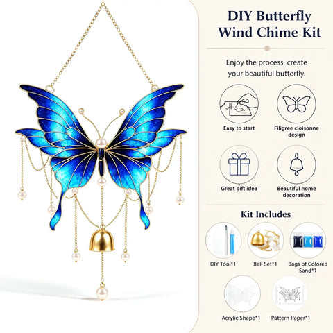 Butterfly Wind Chime Craft Kit In Blue Acrylic Base With Upright Metal Wire, No-Brainer Beginner-Friendly Sand Art Set For Easy Pattern Building And Color Blending, Create Unique Home Decor Or Gift, butterfly kit hanging view