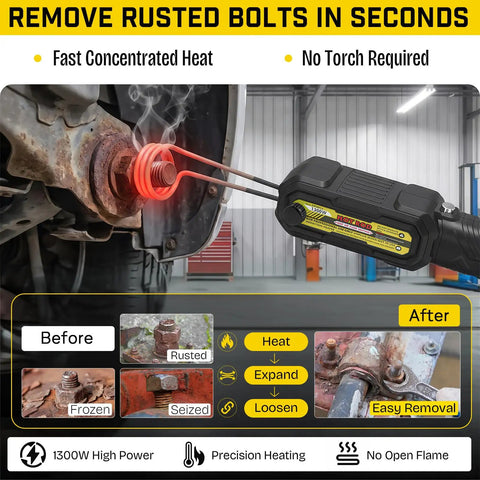 1300W Magnetic Induction Heating Kit With Swappable Coils for Torch Free Removal of Blasted Rusted Bolts with concentrated heat