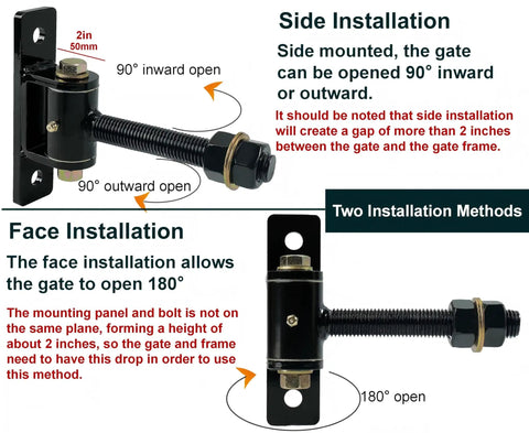 Heavy Duty T Bolt Gate Hinge 700 Lb Beefy Capacity With Built In Ball Bearing For Driveway Gates Farm Gates Barn Doors And Industrial Metal Gates Smooth Quiet Operation No Sagging side and face installation diagram, black steel, 2in