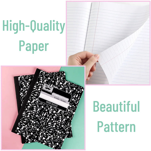 Bulk 24 Pack Composition Notebooks With 50 Sheets Each, Wide Ruled, 9.75 By 7.5 Inches, Hard Cover Black Marble Pattern