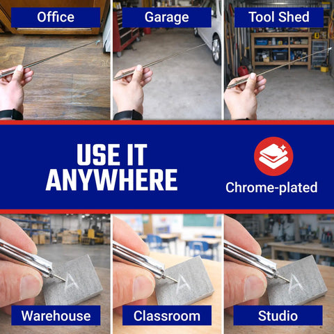 Collage showing telescoping magnetic pick up tool with scribe tip in various locations, illustrating versatility.