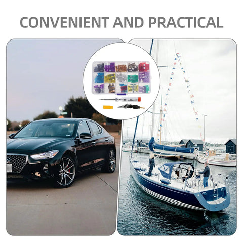 100 Piece Car Fuse Kit With Tester And Puller for Cars, Trucks, Boats, shown with car and sailboat image