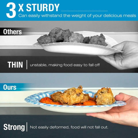 Comparison of Heavy Duty 10 Inch Paper Plates Bulk Pack Thickened Disposable Dinner Plates For Holidays, Parties, Picnics And Everyday Use to a thin plate holding food.