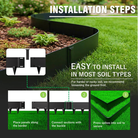 Installation guide for Metal Landscape Edging 20Ft Flexible No Dig Border 8 Inch Tall Galvanized Steel showing placement and securing steps.