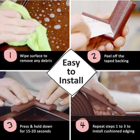 Installation steps for Kid Safe Edge Guard And Corner Protector Set For Furniture, Coffee Brown, showing cleaning and application.