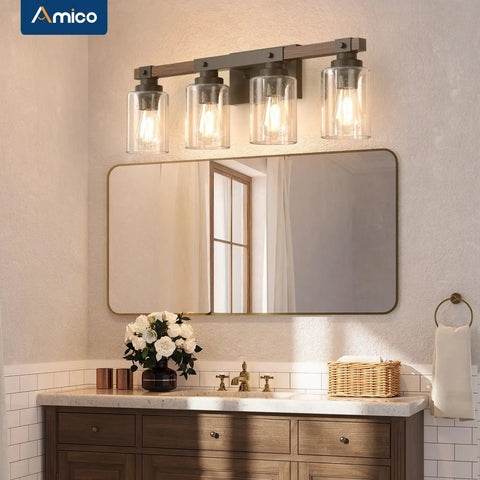 Farmhouse Vanity Lights For Bathroom, Rustic 4 Light Industrial Painted Wood Fixtures, Vintage Black Wall Sconces With Bubble Glass Shades, Cool Retro Vibe Bathroom Lighting With Warm Ambience