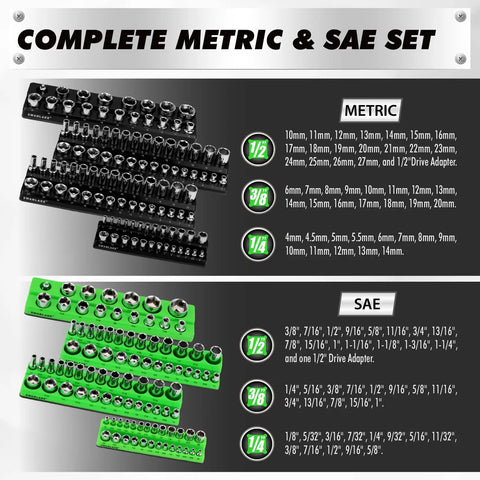 Image showing a complete metric and SAE set of the 10-Piece Magnetic Socket And Wrench Organizer Set For 1/4, 3/8, 1/2 Inch Drives.