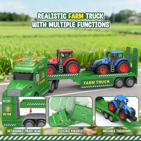 Large 27 Inch Farm Truck Toy Set With Two Tractors And A 3 In 1 Inertia Powered Transport Vehicle With Lights And Realistic Sounds