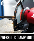 Heavy Duty Eight Inch Bench Grinder Equipped With A Kickass Three Point Zero Amp Motor And Bright Led Work Light Paired With Nifty Water Cooling Tray For Effortless Metal Sharpening Tasks close-up of grinding wheel with sparks flying.