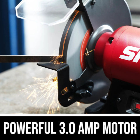Heavy Duty Eight Inch Bench Grinder Equipped With A Kickass Three Point Zero Amp Motor And Bright Led Work Light Paired With Nifty Water Cooling Tray For Effortless Metal Sharpening Tasks close-up of grinding wheel with sparks flying.